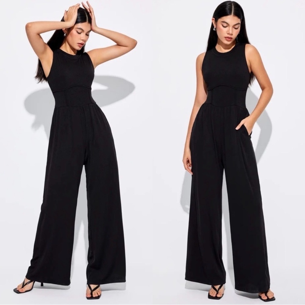 CIDER Solid Wide Leg Corset Rib Jumpsuit Black Minimalist Chic Vibe Size Large